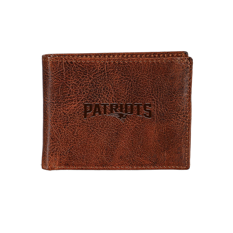 New England Patriots, Embossed 100% Genuine Tumbled Leather Passcase Bi-Fold Wallet, Brown