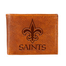 New Orleans Saints, Embossed 100% Genuine Tumbled Leather Passcase Bi-Fold Wallet, Brown
