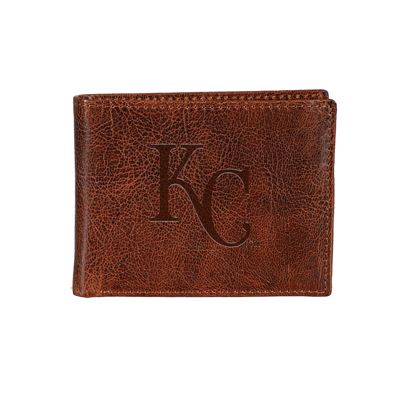 Kansas City Royals, Embossed 100% Genuine Tumbled Leather Passcase Bi-Fold Wallet, Brown