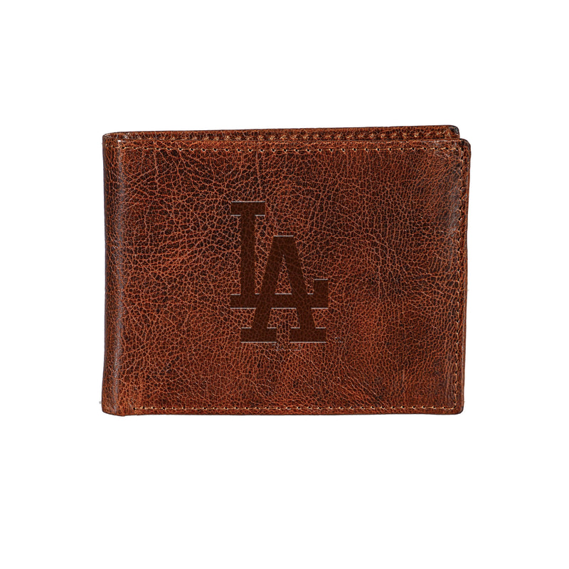 Los Angeles Dodgers, Embossed 100% Genuine Tumbled Leather Passcase Bi-Fold Wallet, Brown