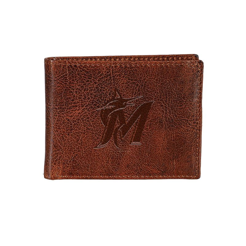 Miami Marlins, Embossed 100% Genuine Tumbled Leather Passcase Bi-Fold Wallet, Brown