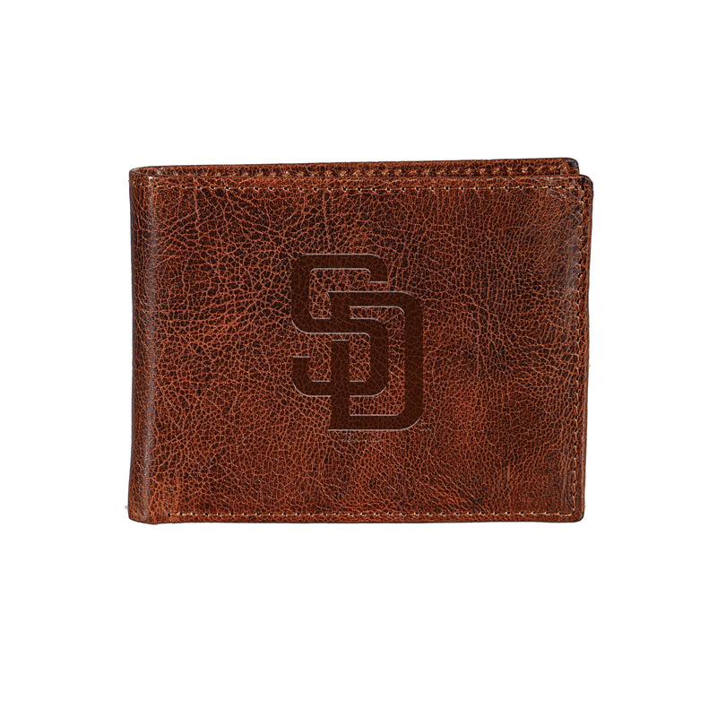 San Diego Padres, Embossed 100% Genuine Tumbled Leather Passcase Bi-Fold Wallet, Brown