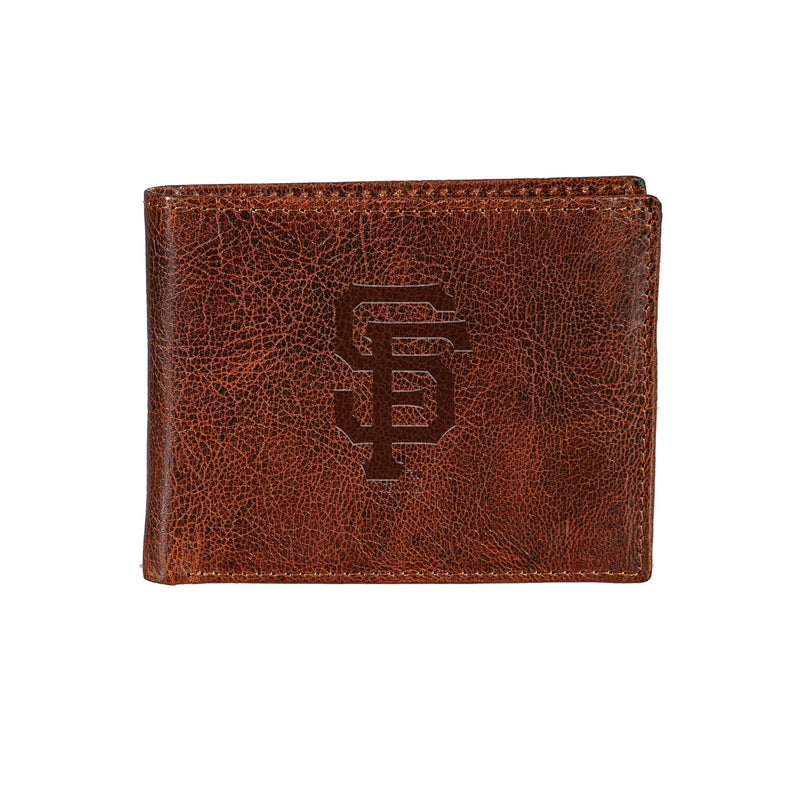 San Francisco Giants, Embossed 100% Genuine Tumbled Leather Passcase Bi-Fold Wallet, Brown