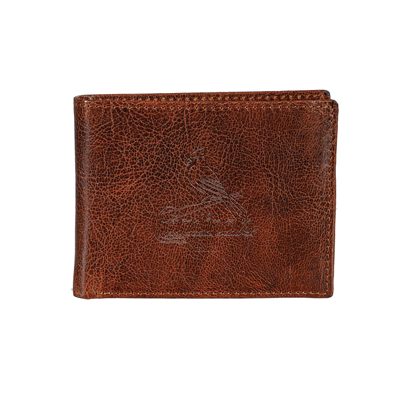 St Louis Cardinals, Embossed 100% Genuine Tumbled Leather Passcase Bi-Fold Wallet, Brown