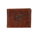 Detroit Red Wings, Embossed 100% Genuine Tumbled Leather Passcase Bi-Fold Wallet, Brown