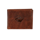 Minnesota Wild, Embossed 100% Genuine Tumbled Leather Passcase Bi-Fold Wallet, Brown
