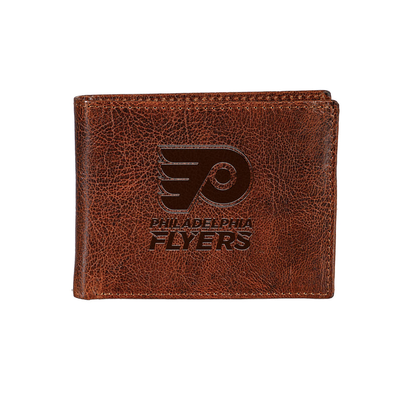 Philadelphia Flyers, Embossed 100% Genuine Tumbled Leather Passcase Bi-Fold Wallet, Brown