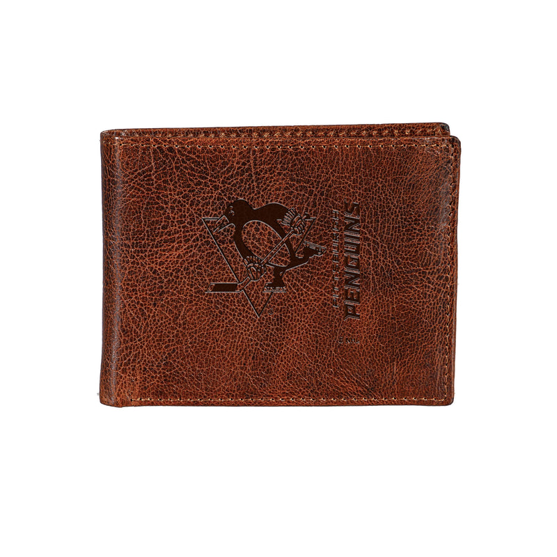 Pittsburgh Penguins, Embossed 100% Genuine Tumbled Leather Passcase Bi-Fold Wallet, Brown