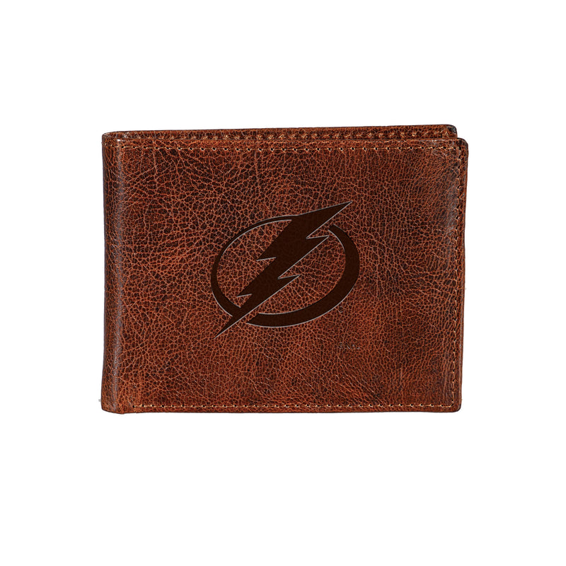 Tampa Bay Lightning, Embossed 100% Genuine Tumbled Leather Passcase Bi-Fold Wallet, Brown