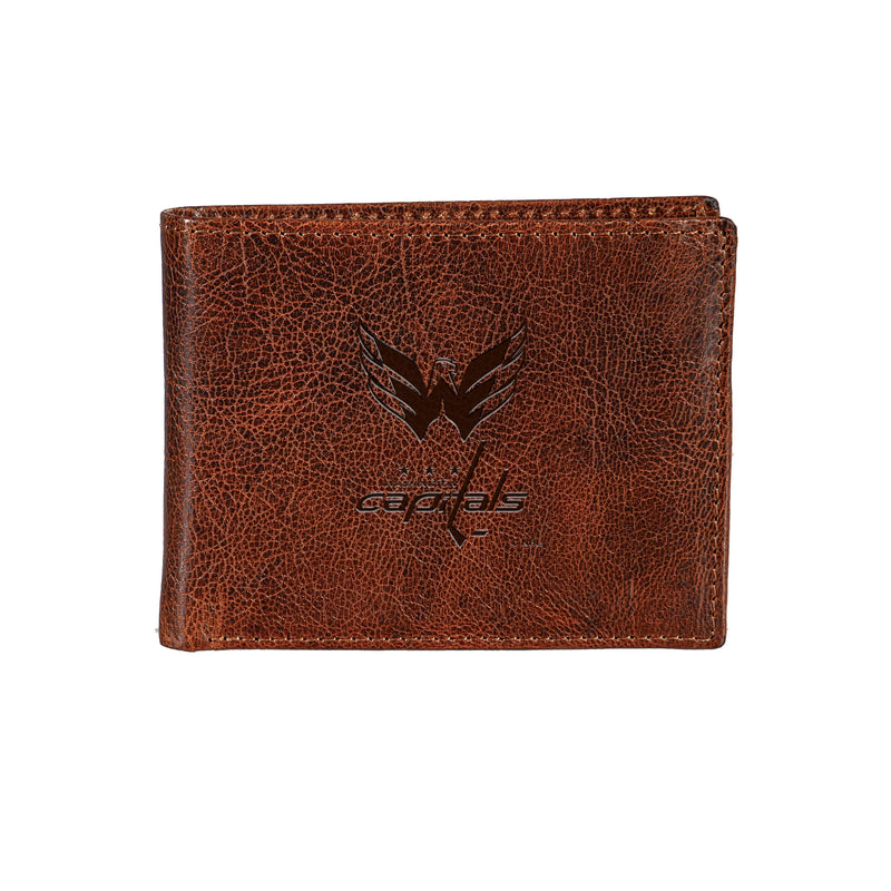 Washington Capitals, Embossed 100% Genuine Tumbled Leather Passcase Bi-Fold Wallet, Brown