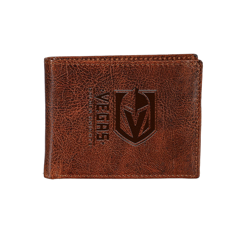 Vegas Golden Knights, Embossed 100% Genuine Tumbled Leather Passcase Bi-Fold Wallet, Brown