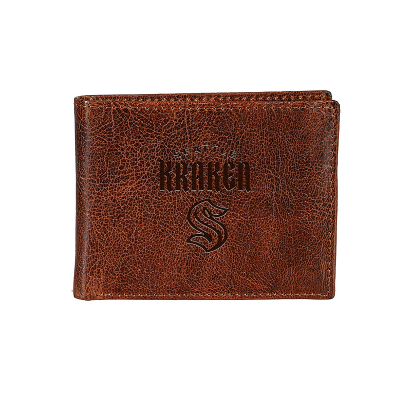 Seattle Kraken, Embossed 100% Genuine Tumbled Leather Passcase Bi-Fold Wallet, Brown