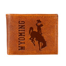 University of Wyoming, Embossed 100% Genuine Tumbled Leather Passcase Bi-Fold Wallet, Brown