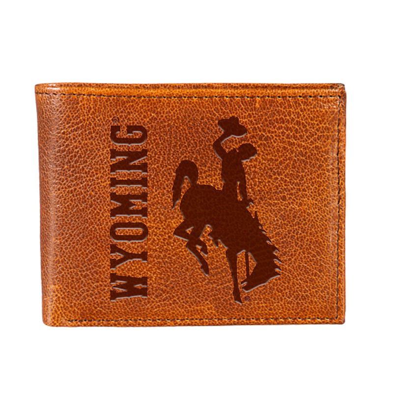 University of Wyoming, Embossed 100% Genuine Tumbled Leather Passcase Bi-Fold Wallet, Brown