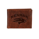University of Nevada, Embossed 100% Genuine Tumbled Leather Passcase Bi-Fold Wallet, Brown