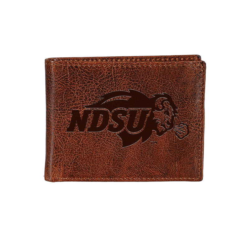North Dakota State University, Embossed 100% Genuine Tumbled Leather Passcase Bi-Fold Wallet, Brown