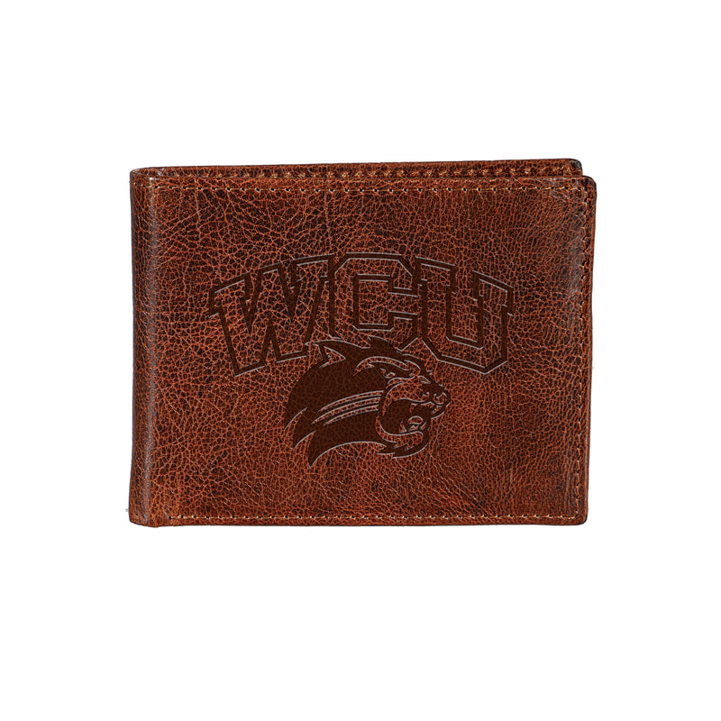 Western Carolina University, Embossed 100% Genuine Tumbled Leather Passcase Bi-Fold Wallet, Brown