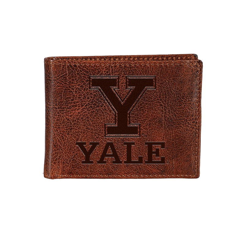 Yale University, Embossed 100% Genuine Tumbled Leather Passcase Bi-Fold Wallet, Brown
