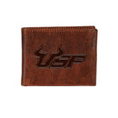 University of South Florida, Embossed 100% Genuine Tumbled Leather Passcase Bi-Fold Wallet, Brown