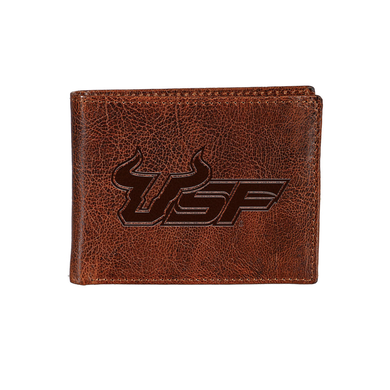 University of South Florida, Embossed 100% Genuine Tumbled Leather Passcase Bi-Fold Wallet, Brown