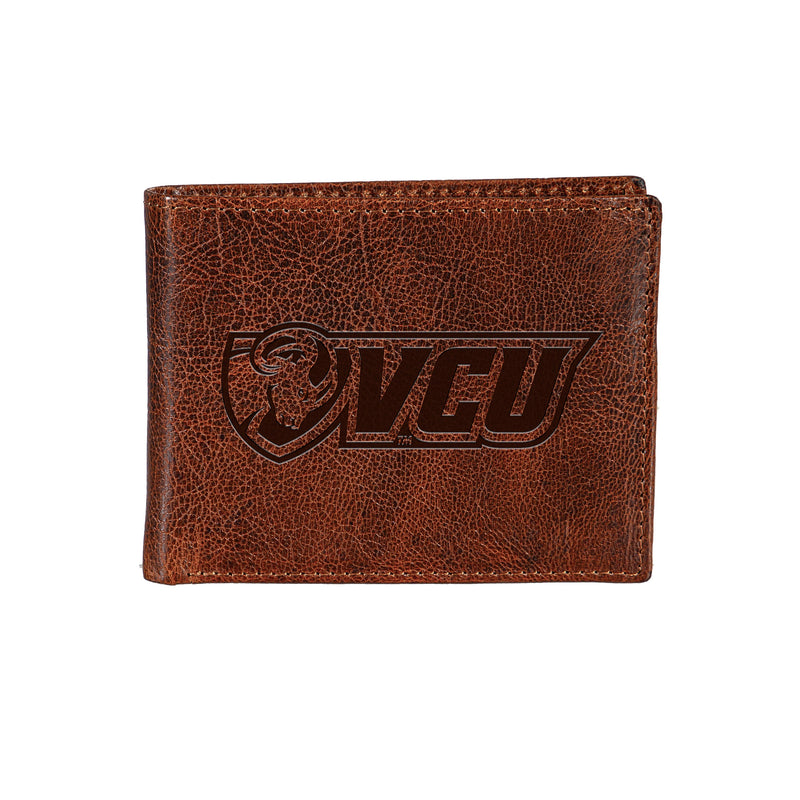 VCU, Embossed 100% Genuine Tumbled Leather Passcase Wallet, Brown