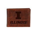 University of Illinois, Embossed 100% Genuine Tumbled Leather Passcase Bi-Fold Wallet, Brown