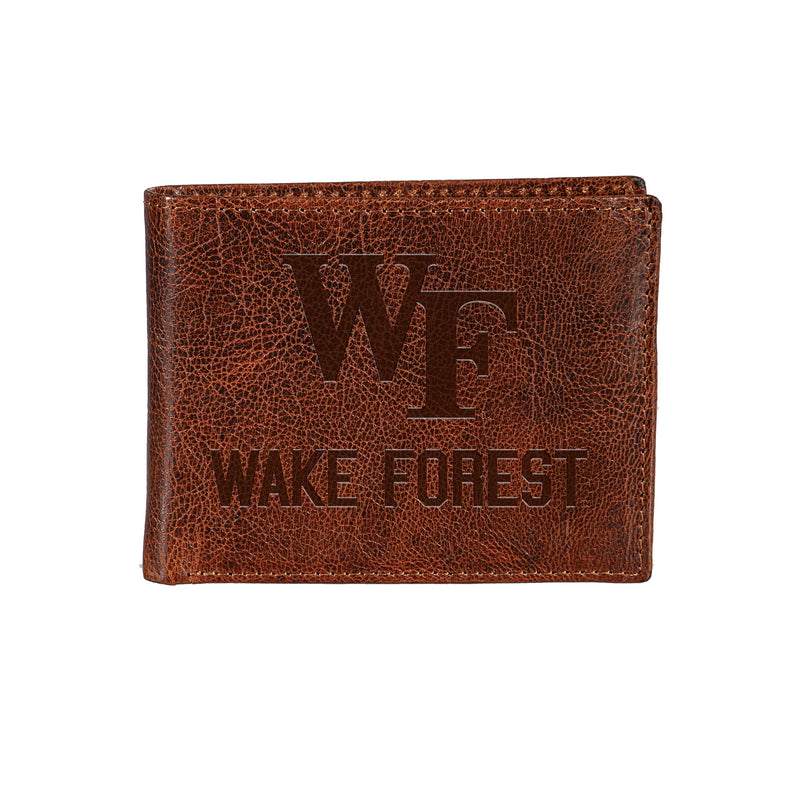 Wake Forest University, Embossed 100% Genuine Tumbled Leather Passcase Bi-Fold Wallet, Brown