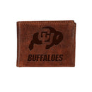 University of Colorado, Embossed 100% Genuine Tumbled Leather Passcase Bi-Fold Wallet, Brown
