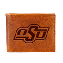Oklahoma State University, Embossed 100% Genuine Tumbled Leather Passcase Bi-Fold Wallet, Brown