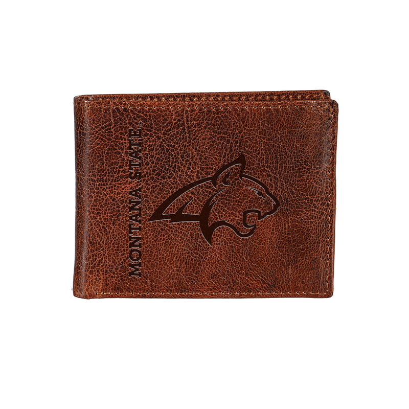 Montana State University, Embossed 100% Genuine Tumbled Leather Passcase Bi-Fold Wallet, Brown