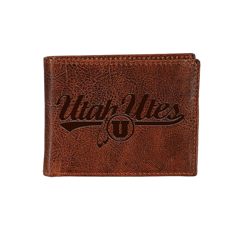 University of Utah, Embossed 100% Genuine Tumbled Leather Passcase Bi-Fold Wallet, Brown