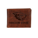 Oregon State University, Embossed 100% Genuine Tumbled Leather Passcase Bi-Fold Wallet, Brown