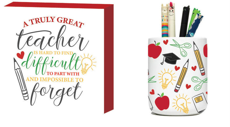 Ceramic Pencil Holder and Wood Tabletop Sign Set, A truly great teacher