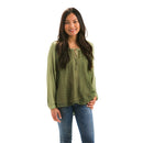 Lace 3/4 Length Sleeve Peasant Top, Green,7tp246