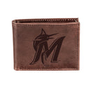 Miami Marlins Bi-Fold Wallet Brown 100% Genuine Leather