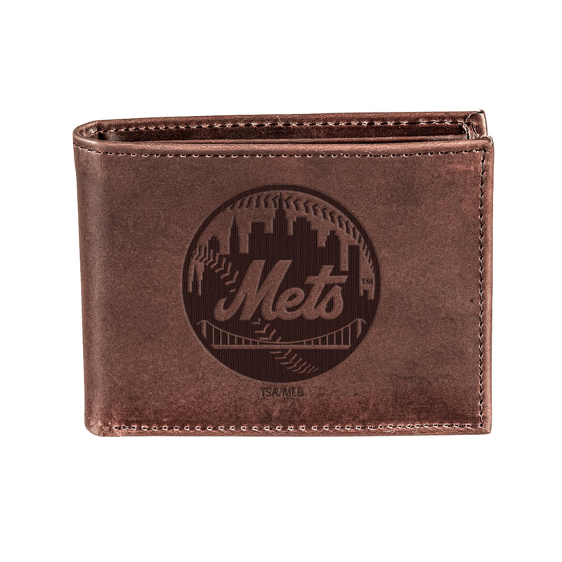 New York Mets Bi-Fold Wallet Brown 100% Genuine Leather