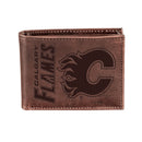 Calgary Flames, Bi-Fold Wallet, Brown, CH, 100% Genuine Leather
