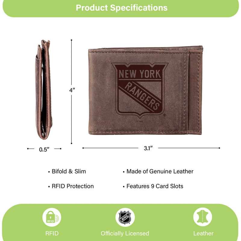 Front Pocket Wallet w/ RFID Blocking, New York Rangers, Brown