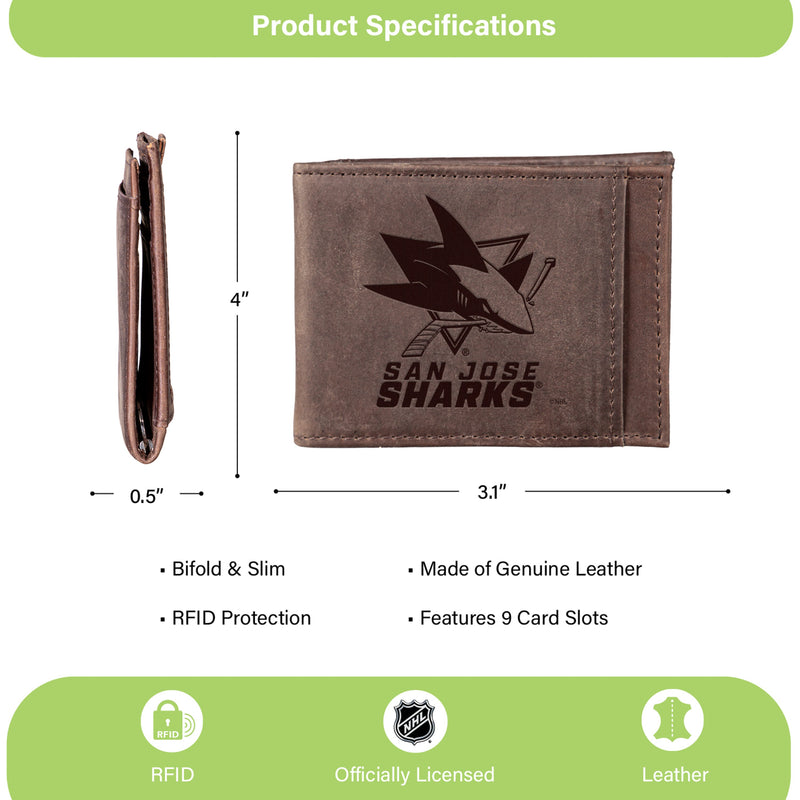 Front Pocket Wallet w/ RFID Blocking, San Jose Sharks, Brown
