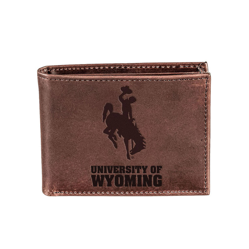 University of Wyoming, Bi-Fold Wallet, Brown, CH, 100% Genuine Leather