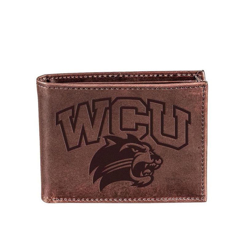 Western Carolina University, Bi-Fold Wallet, Brown, CH, 100% Genuine Leather
