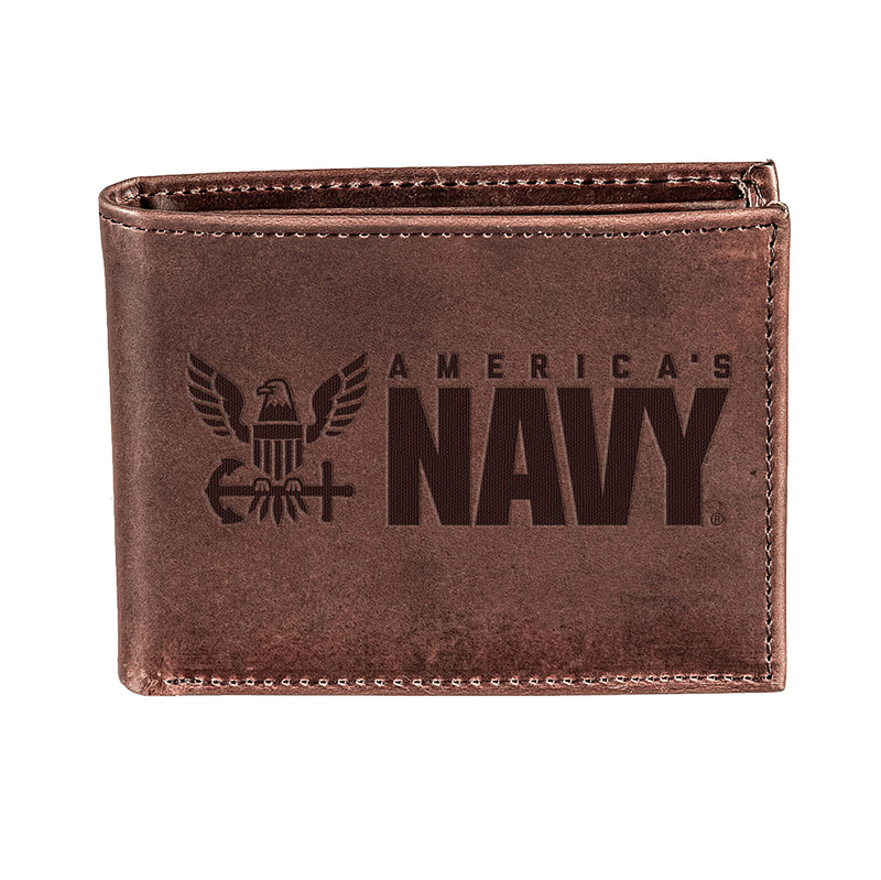 US Navy Brown Bi-Fold Wallet, 100% Genuine Leather