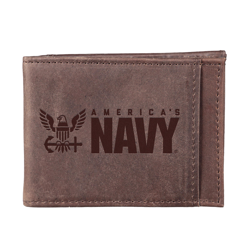 US Navy Brown Front Pocket Wallet with RFID Blocking, 100% Genuine Leather