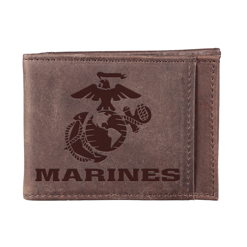 US Marine Corps Brown Front Pocket Wallet with RFID Blocking, 100% Genuine Leather