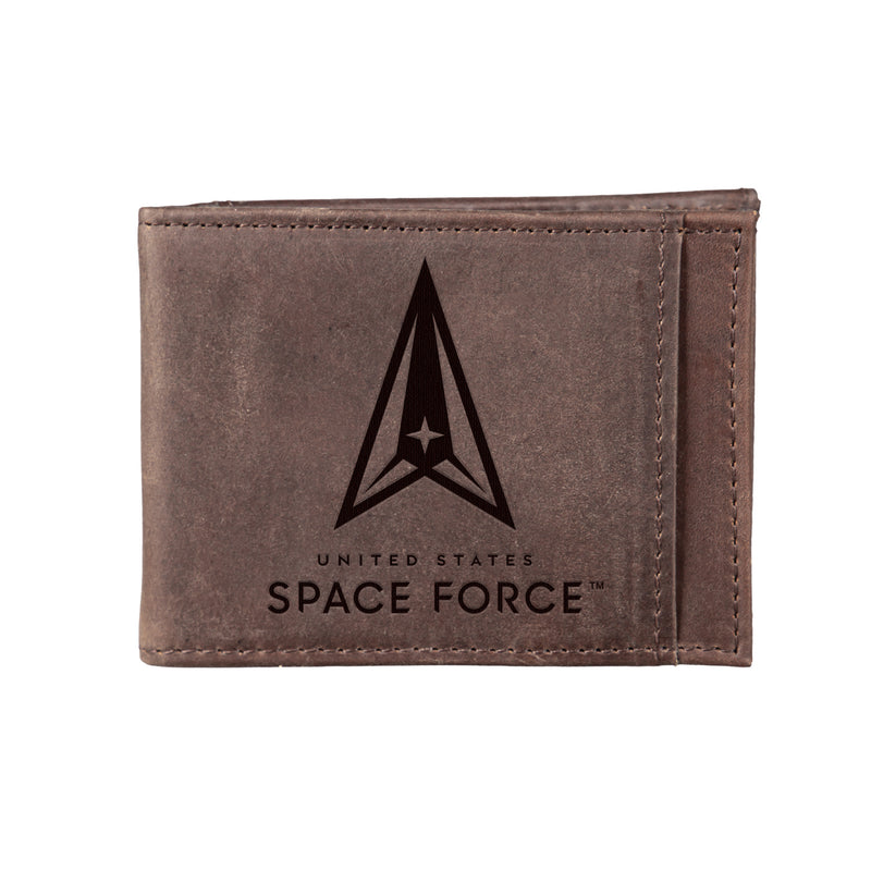 US Space Force Brown Front Pocket Wallet with RFID Blocking, 100% Genuine Leather