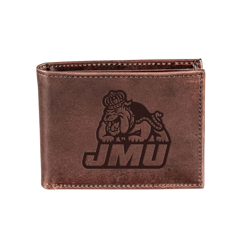 James Madison University, Bi-Fold Wallet, Brown, CH, 100% Genuine Leather
