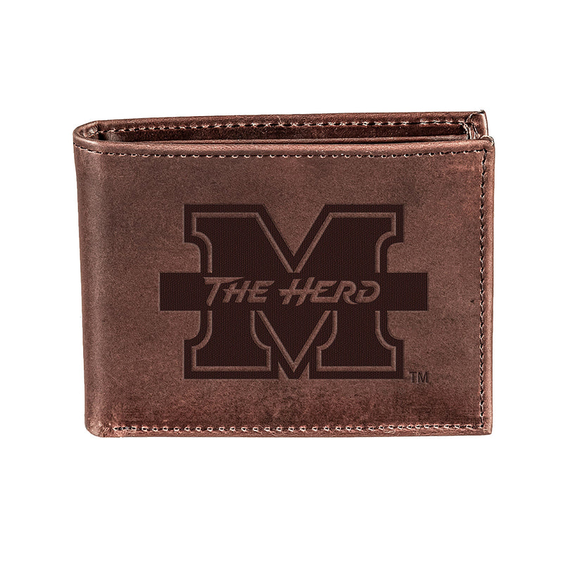 Marshall University, Bi-Fold Wallet, Brown, CH, 100% Genuine Leather