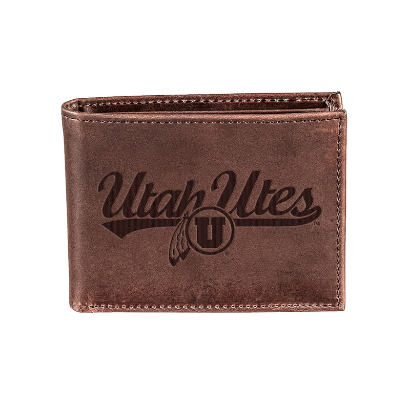 University of Utah, Bi-Fold Wallet, Brown, CH, 100% Genuine Leather