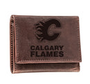 Calgary Flames, Tri-Fold Wallet, Brown, CH, 100% Genuine Leather
