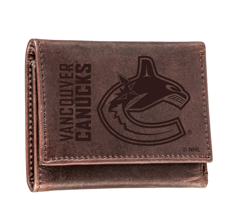 Vancouver Canucks, Tri-Fold Wallet, Brown, CH, 100% Genuine Leather